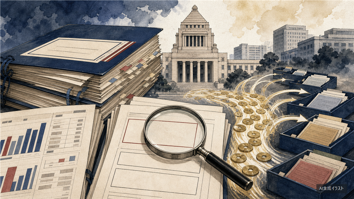 国会議事堂を背景に、積み重ねた資料、硬貨と虫眼鏡を置いたAI生成イラスト