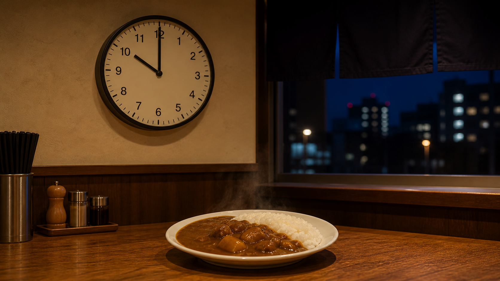 夜の飲食店で、壁時計とカウンターのカレー皿を描いたAI生成イラスト