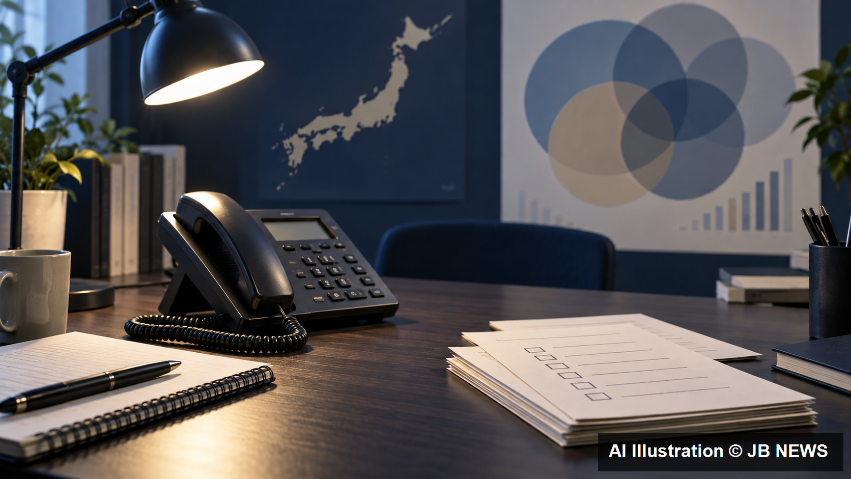 電話機と調査用紙を置いた机、日本の地図と重なり合う円の図を描いたAI生成イラスト