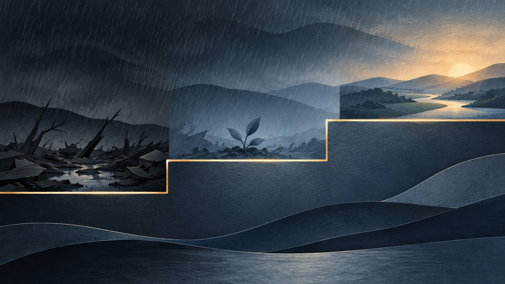 雨の中のがれきから、段状の境界を経て明るい住宅地へ続くAI生成の抽象イラスト