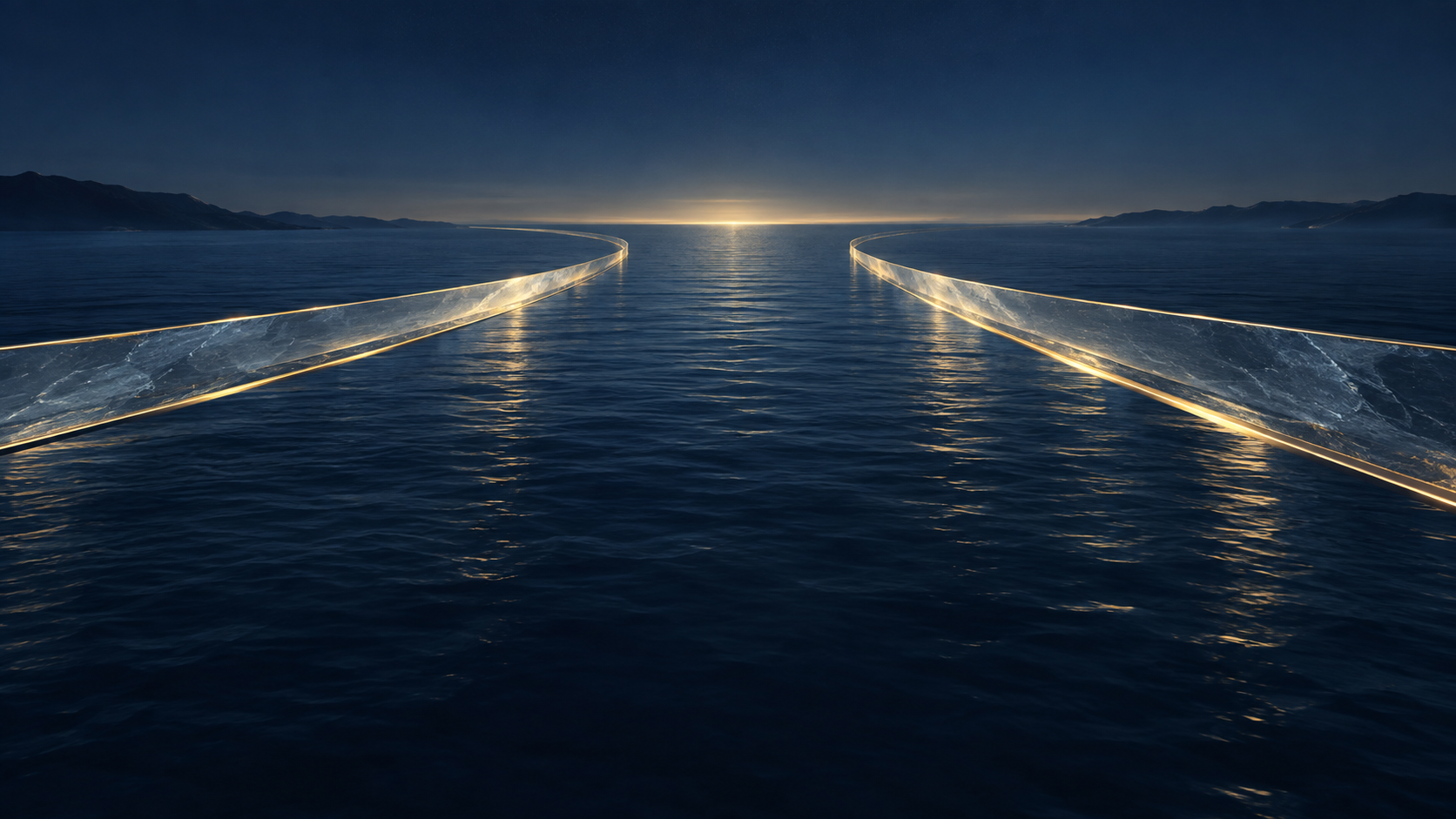 夜の海に二本の光の通路が遠くへ延びるAI生成の抽象イラスト