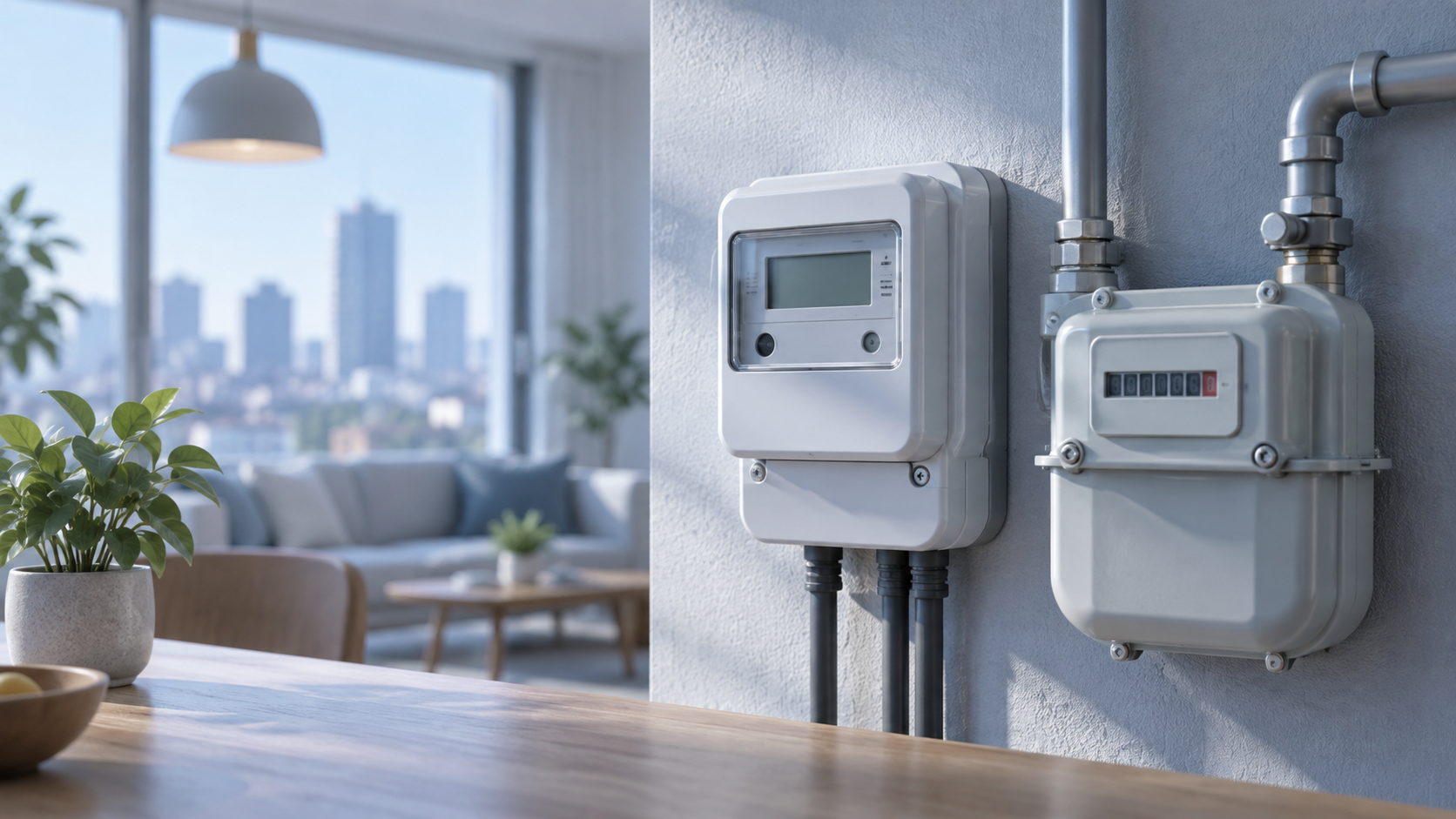 住宅内の壁に設置された電気・ガスのメーターと配管のAI生成イラスト