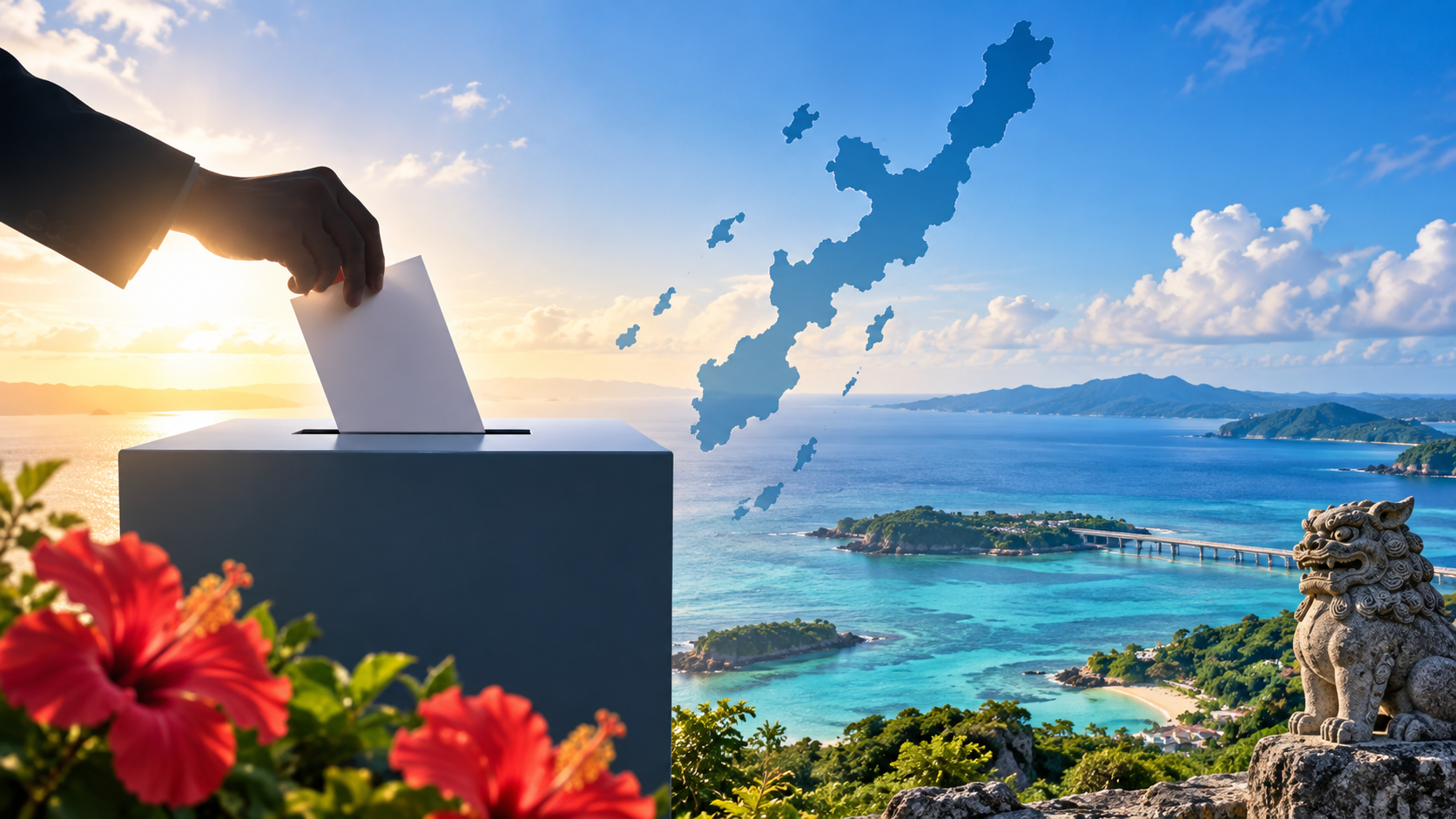 投票箱に票を入れる手、沖縄の島々と海、花とシーサーを組み合わせたAI生成イラスト
