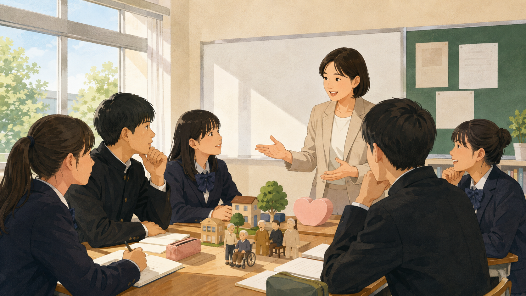 教室で生徒と話す教師、机に置かれた家族の模型と若葉を描いたAI生成イラスト