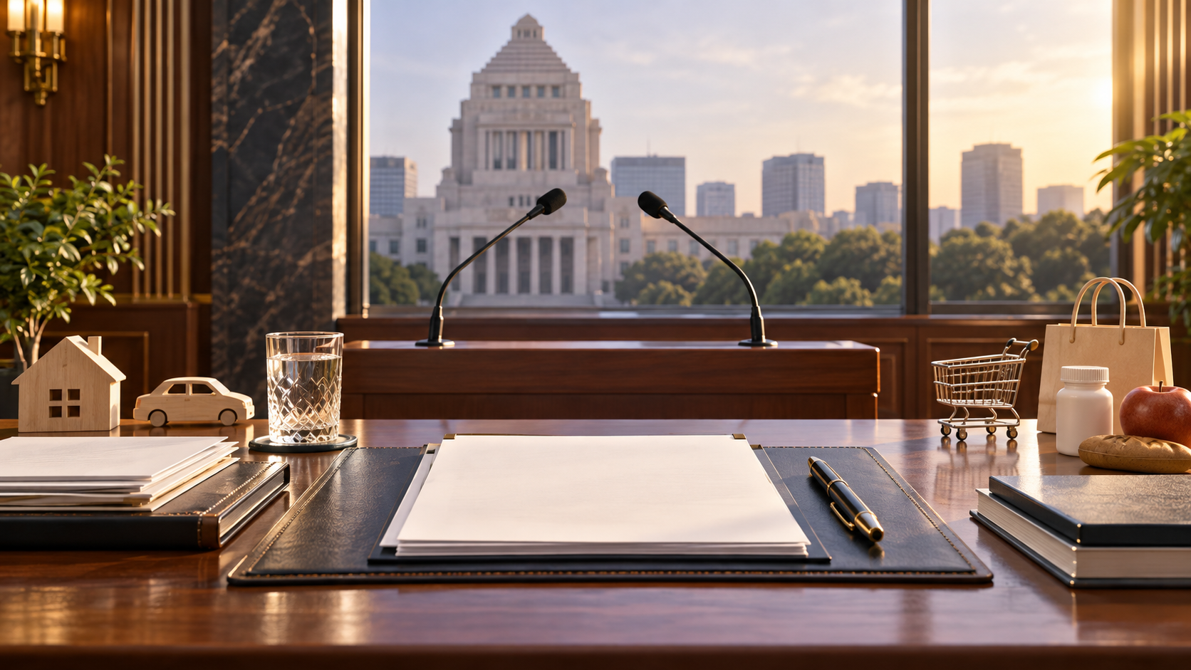 国会議事堂を背景に、会見用マイクと書類、家・車の模型と硬貨を置いたAI生成イラスト