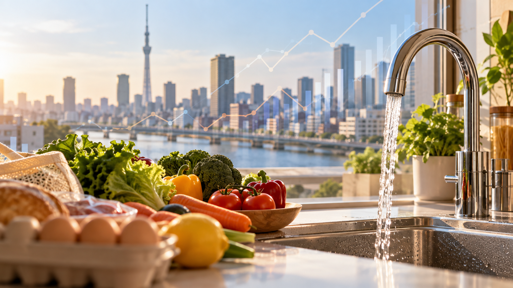 東京の街並みを背景に、水の流れる蛇口と卵・野菜を並べたAI生成イラスト