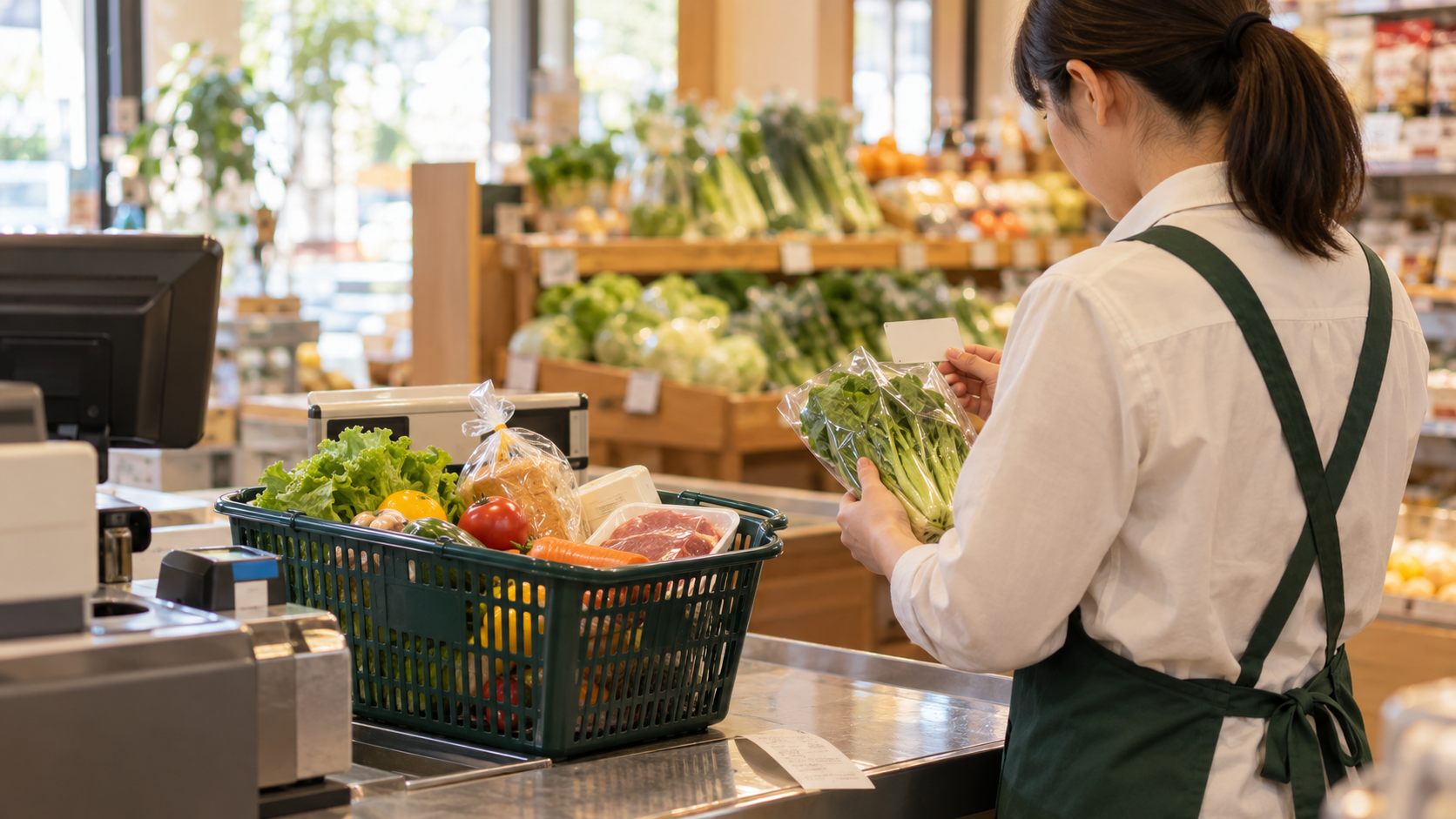 食品売り場のレジで、買い物かごと紙片を確認する店員を描いたAI生成イラスト