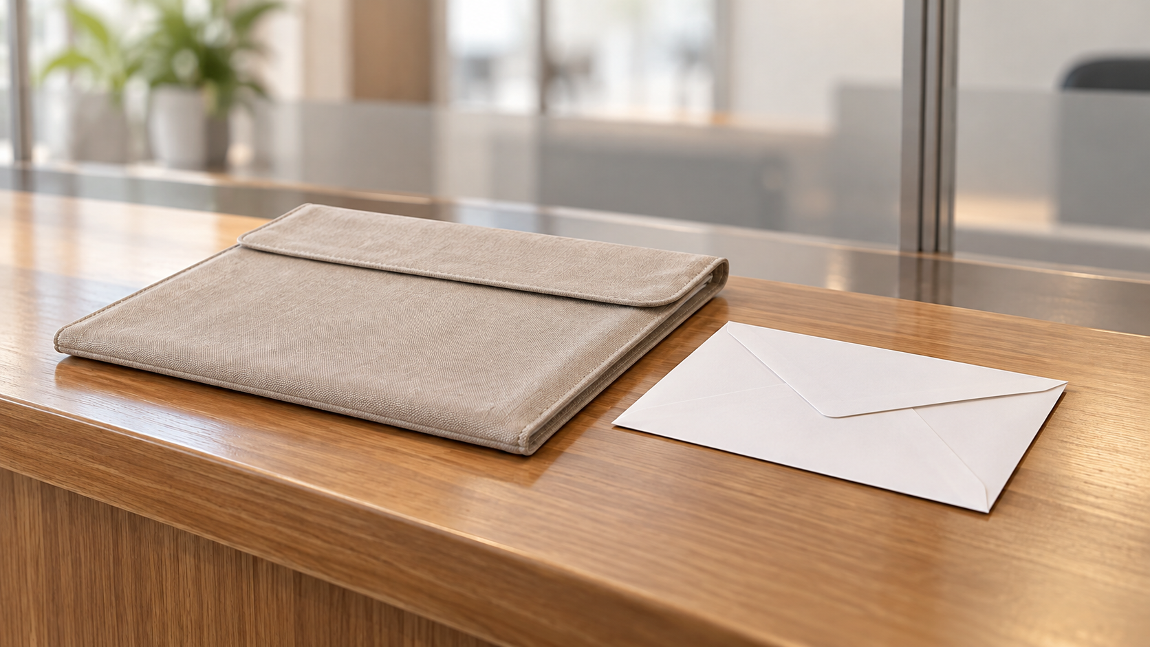 無記名の書類ケースと封筒で手続費用の確認を描く概念イラスト