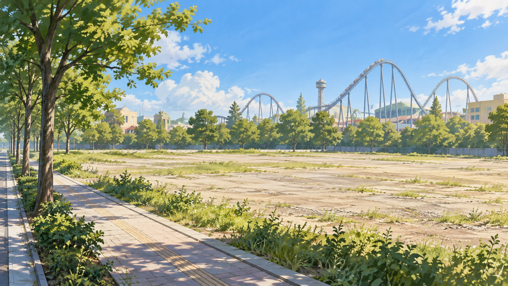 空地と遠景の架空の遊園地を描いたAI生成イラスト。USJの現地写真や拡張完成予想図ではない