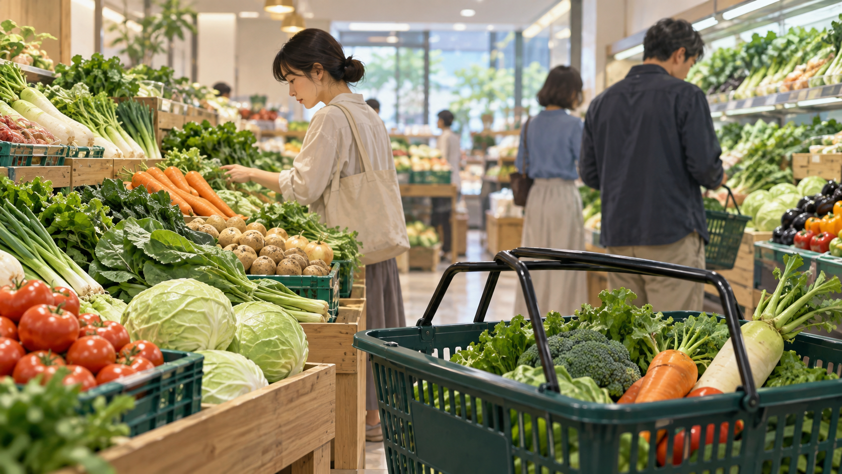 生鮮食品売場と買物かご、匿名の買物客を描いたAI生成イラスト。実際のCPIや相場を示す図ではない
