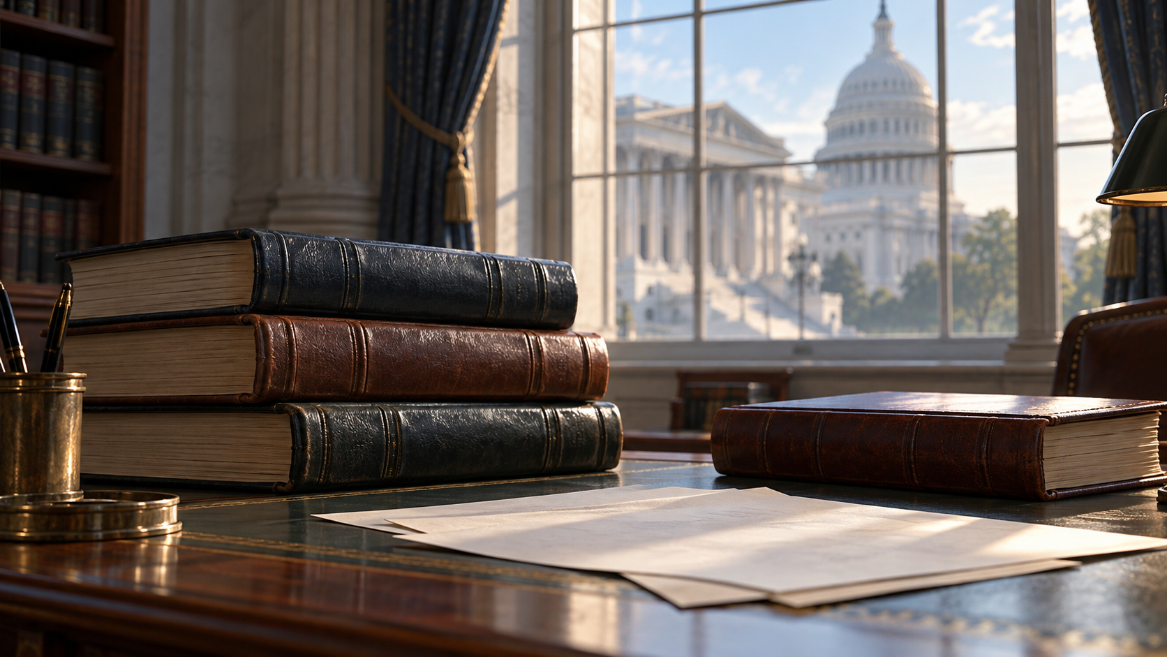 帳簿と無地の書類、窓外の米国議会を連想させる建物を描いた財政記録の概念イラスト。債務額や所得税の使途を示す実測図ではない。