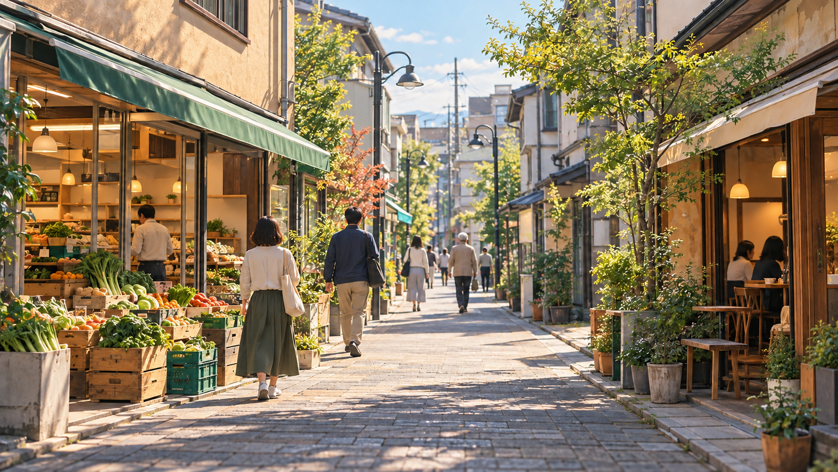 日常の商店街と匿名の歩行者を描いたAI生成イラスト。景気ウォッチャーの実際の回答分布や指数を示す図ではない
