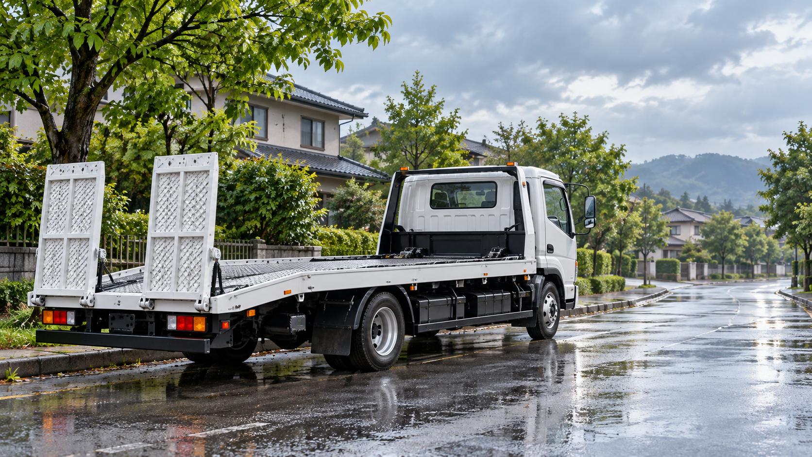 雨上がりの道路と無銘レッカー車で復旧支援を描く概念イラスト