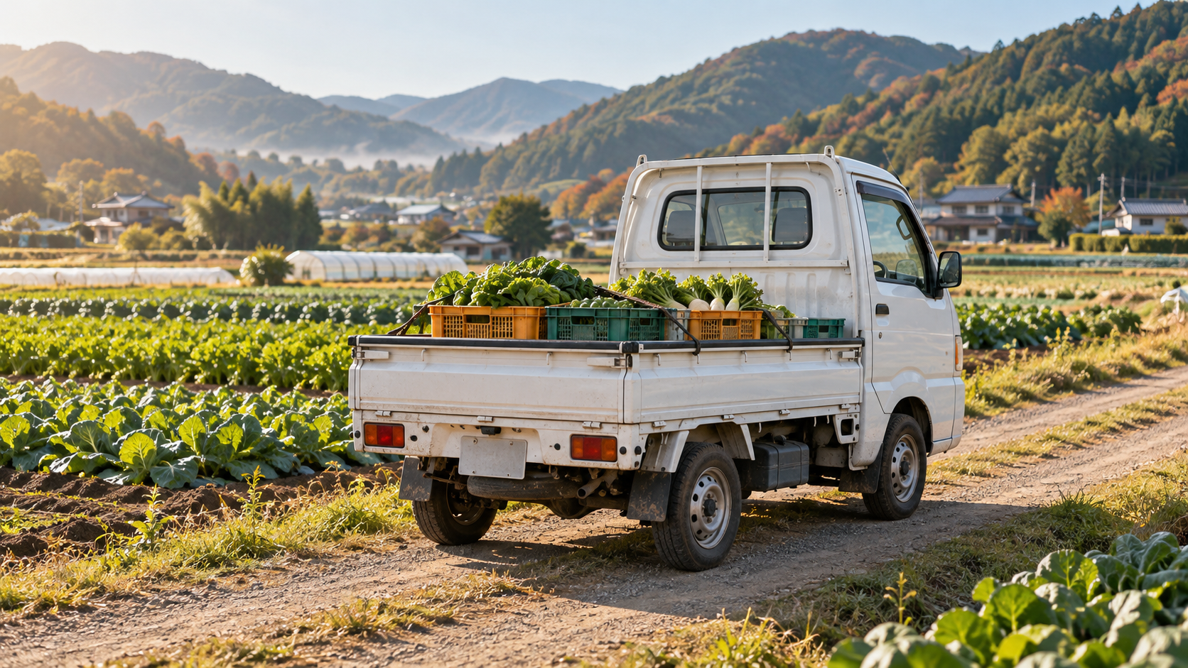 畑の農道に停車し、荷台に収穫物のコンテナを載せた白い軽トラックのAIイラスト